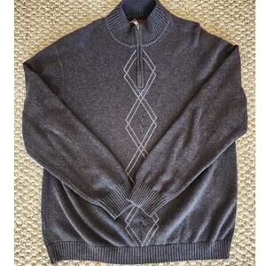 Vintage Perry Ellis 1/4 Zip 100% Cottton Sweater Classic Argyle Charcoal Gray